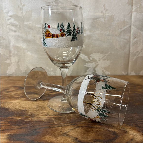 Vintage Holiday Wine Glasses with Sleigh and Cabin Design - Picture 2 of 6